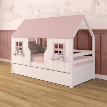 Imagem de Bicama Casinha Encantada Madeira Maciça Branco/ Rosa Megamobilia - Meg