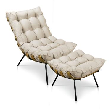 Imagem de Kit Poltrona Costela Com Puff Para Sala Suede Veludo Bege Neros Interiores