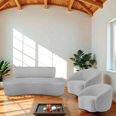 Imagem de Kit Sofá Recamier Amsterdã 3 Lugares 160cm Cinza Linho com 2 Poltronas para Sala Estilo Clássico