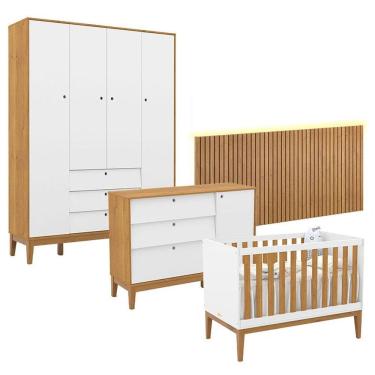 Imagem de Quarto de Bebê Unique 4 Portas 3 Gavetas em MDF 230.5cm Branco Soft Freijó Eco Wood Mat...
