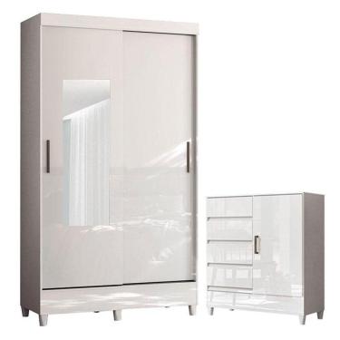 Imagem de Guarda Roupa Solteiro 2 Portas De Correr E Espelho Fit Com Cômoda 1 Porta E 4 Gavetas F...