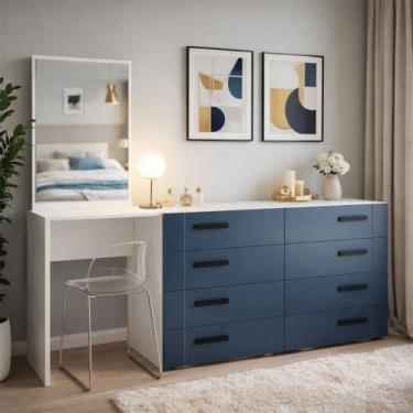 Imagem de Cômoda Lisboa 8 Gavetas com Espelho Azul/Branco - Politorno, Azul Clar