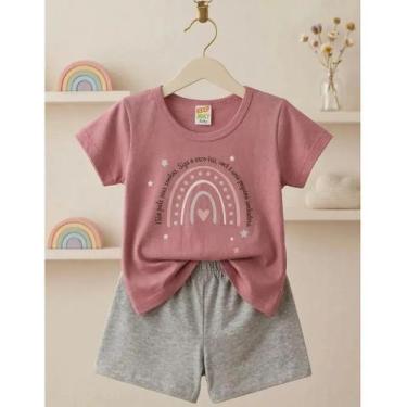 Imagem de Conjunto Infantil Arco Íris Menina Camiseta Rosa + Short Cinza Roupa I