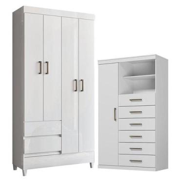 Imagem de Guarda Roupa Solteiro 4 Portas com Pés Fit e Cômoda 1 Porta e 6 Gaveta