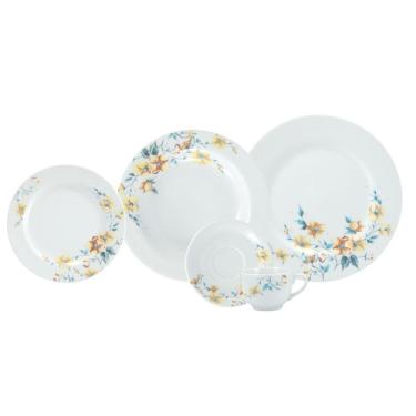 Imagem de Aparelho de Jantar Mônica 30 Peças Porcelana Floral para Uso Diário Branco Amarelo e Azul Schmidt