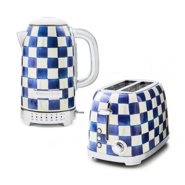 Imagem de Conjunto chaleira elétrica e torradeira Mackenzie-Childs Royal Check inox xadrez azul e branco 110V