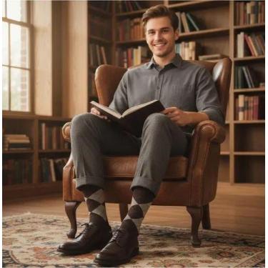 Imagem de Kit 3 Pares Meias Masculina Social Casual Escocesa Algodão Cor:MarromT