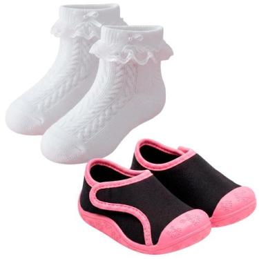Imagem de Kit Sapatinho de Bebê Escolar Com Bico Protetor e Meia Cano Curto Laço
