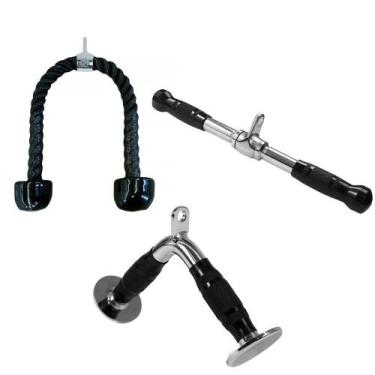 Imagem de Kit 3 Puxadores Pulley Corda Barra Reta e Barra V Tríceps Costas Polia