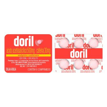 Imagem de Doril Acido Acetilsalicilico 500mg + Cafeína 30mg 6 comprimidos 6 Comprimidos