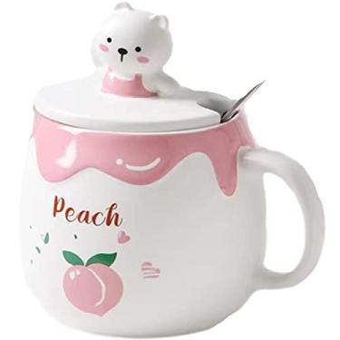 Imagem de seelucky Caneca de leite infantil com colher urso rosa caneca de cerâmica menina rosa pêssego caneca de desenho animado xícara de café caneca de leite presente de aniversário (urso rosa pêssego)