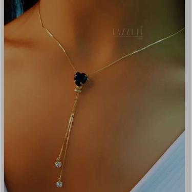 Imagem de Colar longo Feminino Gravatinha Coração com Pedra Zircônia Banhado Folheado a ouro 18k Tendência Moda - Preto