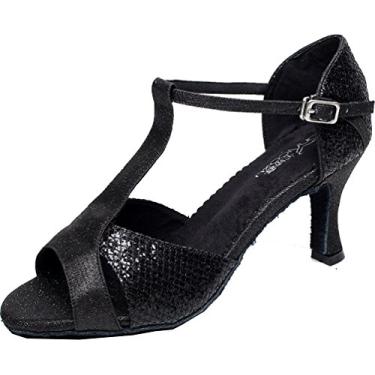 Imagem de Salabobo QQQ-6203 sapato feminino de dança tango Peep Toe salto médio PU tira em T, Preto, 10.5