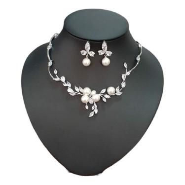 Imagem de Colar E Brinco Noiva Zircônia E Pérola Prata Festa Debutante