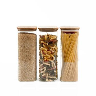 Imagem de Kit Pote Hermético De Vidro Quad Tampa De Bambu 3 Pçs Oikos