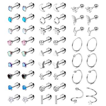 Imagem de Dochais 25 pares de brincos de aço cirúrgico para mulheres, pacote múltiplo, brincos de cartilagem, para homens, bola, borboleta, estrela, estrela, reta, brincos de hélice, joia de piercing, Aço inoxidável, Zircônia cúbica