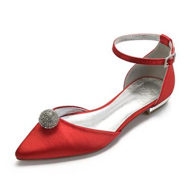 Imagem de Sapatos de casamento para noivas mulheres sapatilhas sapatilhas com fivela de cetim bico redondo sapatos com strass 36-43,Red,10 UK/43 EU