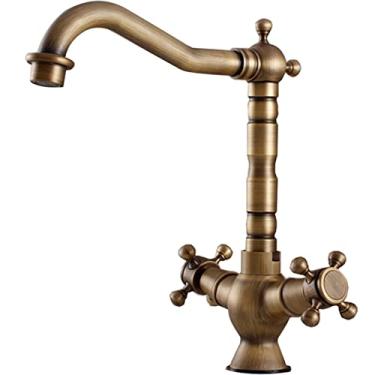 Imagem de LIDON Torneira de pia de cozinha de latão antigo, alça dupla, frio e quente, torneira de banheiro de latão antigo furo único, torneira de latão antigo para pia de banheiro furo único