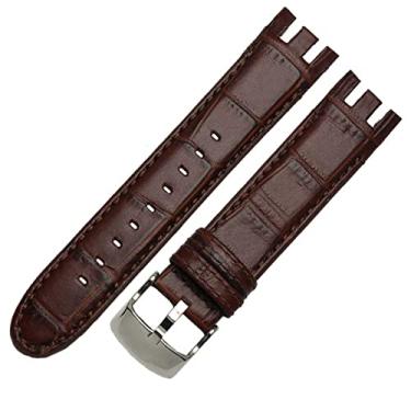 Imagem de SKM Pulseira de relógio de couro genuíno para Swatch YRS403 412 402G pulseira de relógio 21mm pulseira de relógio masculina pulseira de relógios de extremidade curvada (cor: marrom bambu, tamanho: 21mm)