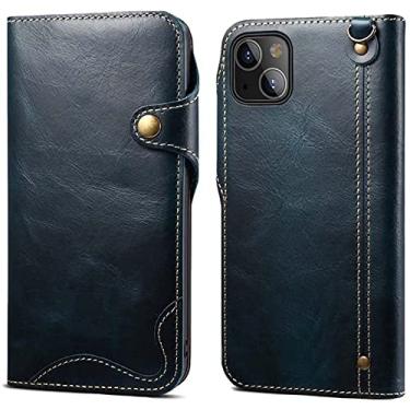 Imagem de HOUCY Capa de telefone carteira retrô [porta-cartão], para Apple iPhone 13 Mini (2021) 5,4 polegadas capa protetora flip fólio de couro genuíno (cor: azul)