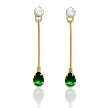 Imagem de Brinco Comprido Zirconia e Pedra Verde Esmeralda Banhado Ouro 18k Semijoia