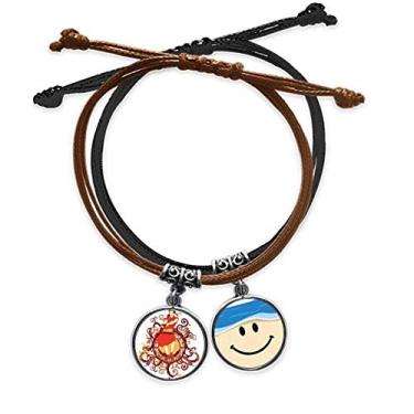 Imagem de DIYthinker Pulseira com ilustração de espada Samurai vermelha japonesa com corrente de mão de couro com rosto sorridente
