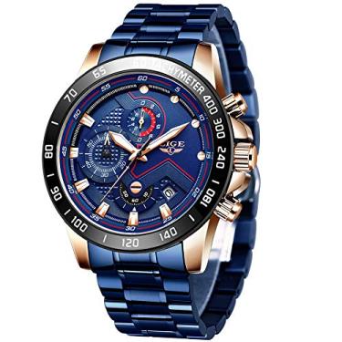 Imagem de Relógios masculinos de luxo marca LIGE cronógrafo masculino esportivo relógios de quartzo masculino à prova d'água, 3-BLUE