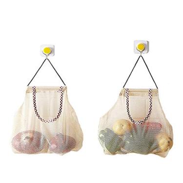 Imagem de hatisan 2 sacos de malha reutilizáveis para pendurar – resistentes a puxões e duráveis para frutas, legumes, alhos, batatas, cebolas ou saco de lixo transparente