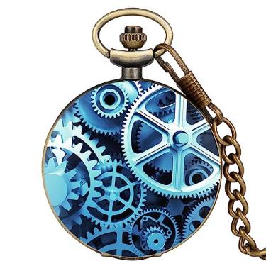 Imagem de ZALTAS Relógio de bolso de quartzo azul antigo Vintage Gear Colar relógio pendente com 30cm pulso corrente relógio fob