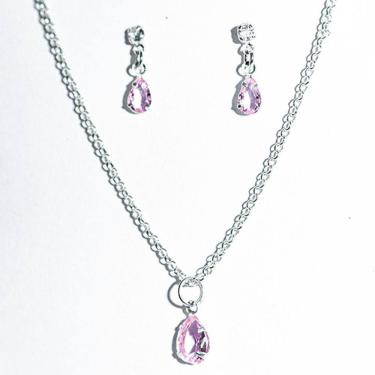 Imagem de Conjunto Colar e Brinco Gota Zircônia Quartzo Rosa Prata 925