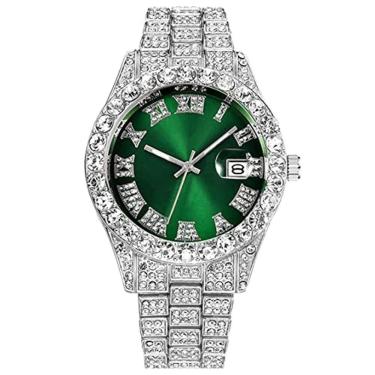 Imagem de Relógio de pulso masculino hip hop com diamantes, cristal strass e pulseira adornada, mostrador verde