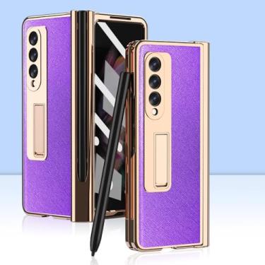 Imagem de Com capa de couro revestida com S Pen para Samsung Galaxy Z Fold 4 3 2 5 G Suporte magnético de fibra de carbono protetor de tela capa de telefone, roxo cruzado, para Galaxy Z Fold 5