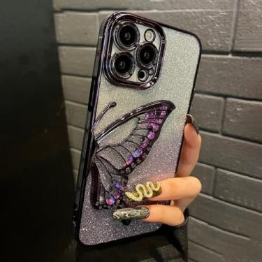 Imagem de Capa luxuosa de areia movediça líquida com glitter para iPhone 15 14 13 12 11 Pro Max Revestimento de asa de borboleta à prova de choque capa transparente macia, roxo escuro, para iPhone 15Pro Ma