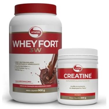 Imagem de Kit Whey Fort 3W Pote 900g Sabores + Creatina Vitafor 300g (900g+300g, Mochaccino)