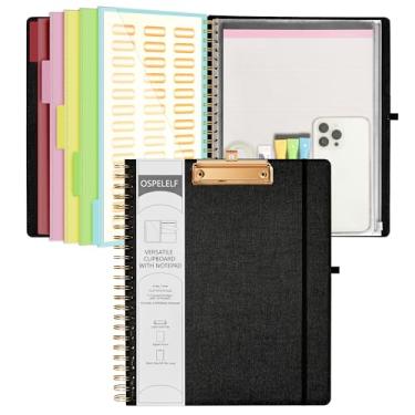 Imagem de Ospelelf Prancheta espiral dobrável preta com bolsa de armazenamento com zíper, 5 pastas de plástico com 10 bolsos, bloco de notas forrado recarregável (28 cm x 21,5 cm), organizador de projetos de capa dura com 39 adesivos