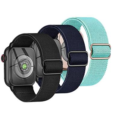 Imagem de [Pacote com 3] Pulseira de nylon elástica compatível com Apple Watch infantil, pulseiras de substituição para iWatch Series SE 8, 7, 6, 5, 4, 3, 42 mm, 44 mm, 45 mm, para pulso pequeno de menino e menina, preto + azul marinho + azul d'água.