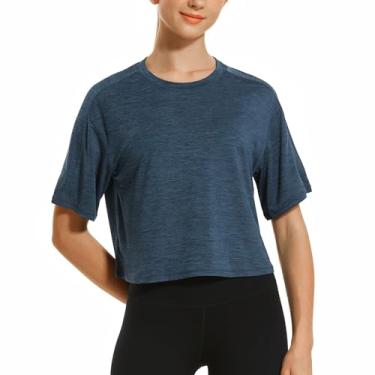 Imagem de HODOSPORTS Camiseta feminina de treino de manga curta solta para ioga atlética, Cânhamo azul-marinho, M