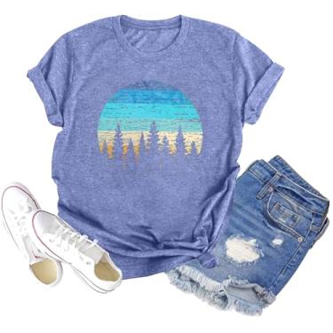Imagem de Camiseta feminina Sunset Pine Tree, estampa retrô, estampa de sol, casual, manga curta, A-r Roxo, M
