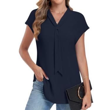 Imagem de Anymiss Blusas femininas de verão elegantes casuais de chiffon para trabalho, túnica de manga curta, camisas de primavera, B - Azul-marinho, P