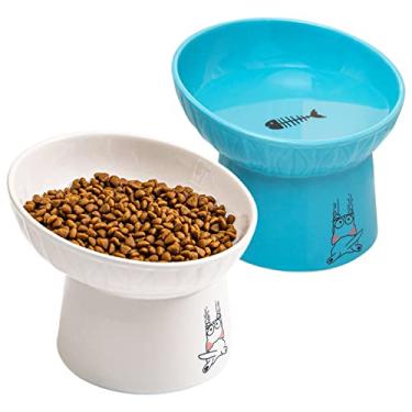 Imagem de Tigelas de cerâmica extra largas para gatos de 16,5 cm, tigela de água elevada de porcelana ampliada melhorada inclinada para comida de gatos, tigelas de alimentação para animais de estimação sem estresse para gatos idosos grandes e cães pequenos, branco e azul