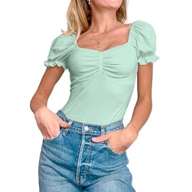Imagem de MINT PLUS PINK Blusa feminina de verão com gola quadrada bufante manga curta canelada, Hortelã, G