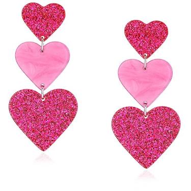 Imagem de Mintolex Y2K Brincos pendentes de coração de amor para mulheres meninas verão praia acrílico brincos cor doce brincos leves coração duplo brincos vermelho rosa choque laranja dia dos namorados dia das mães joias presente, Acrílico, Sem pedra preciosa