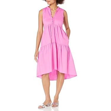 Imagem de London Times Vestido trapézio feminino sem mangas com babados e gola V de algodão popelina em camadas Hi-Low, Cyclamen, 40