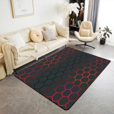 Imagem de jejeloiu Tapete decorativo de favo de mel vermelho e preto para meninos e meninas tapete de área de favo de mel geométrico 12 x 17 cm ombré tapetes para sala de estar quarto colmeia hexagonal tapete de chão interno tapete de área 5x7