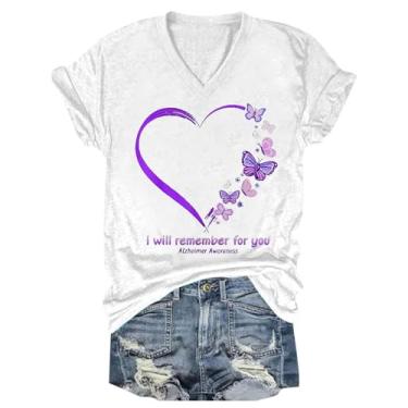 Imagem de Camisetas femininas de conscientização de Alzheimers, casual, gola V, sem mangas, estampa de flores, camiseta estampada de verão, tops modernos, Branco, P