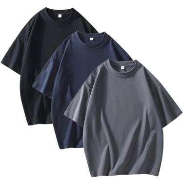 Imagem de ATOFY Pacote com 3 camisetas masculinas de algodão gola redonda, manga curta, caimento solto, clássica, lisa, macia, Preto + azul marinho + cinza escuro, M