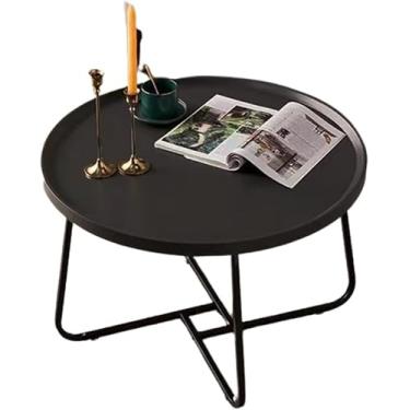 Imagem de Mesa de centro multifuncional moderna sala de estar doméstica pequena combinação redonda mesa de centro de nogueira com tampo de madeira e estrutura de metal preta (tamanho: 80x46cm, preto,