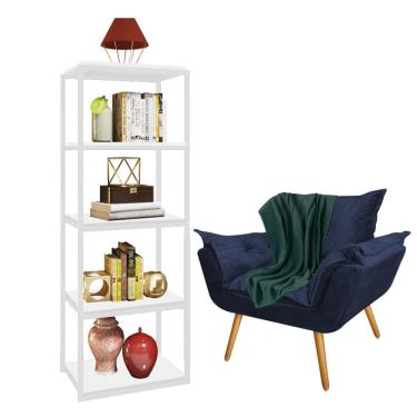 Imagem de Kit Poltrona Fatte com Manta Soft Verde e Estante Livreiro Ferro Branco MDF Branco Suede Azul Marinho - Ahz Móveis