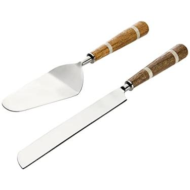 Imagem de Faca e servidor de bolo de aço inoxidável com alças de madeira e chifre, conjunto de 2 peças em saco de cordão