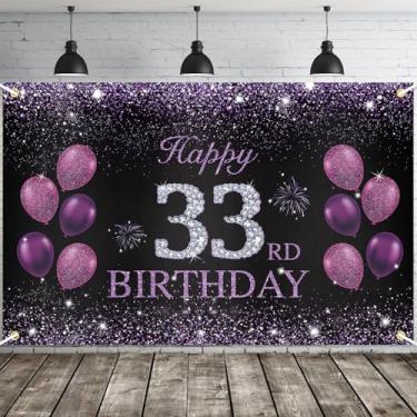 Imagem de JOYKY Banner de feliz aniversário de 33 anos, roxo, decorações de festa de 33 anos para mulheres, decoração de pano de fundo de suprimentos de aniversário de 33 anos, 15 x 9 metros
